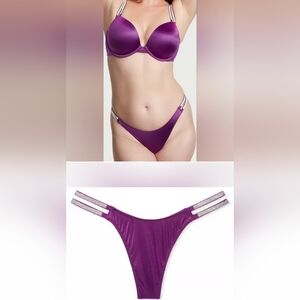 32D3/M 💜VS Double Shine Strap Push Up Bra Shine Strap Thong Panty Set